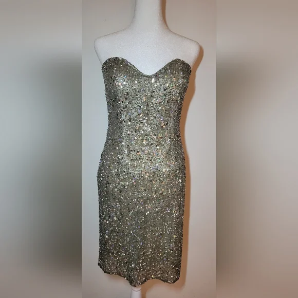 Scala Sequin 100% Real Silk Beaded Mini Dress Sz L Strapless - Picture 6 of 15